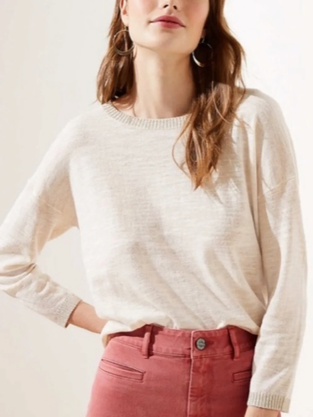 NWT LOFT Cream Gold Shimmer Trim 3/4 Sleeve Linen Blend Sweater